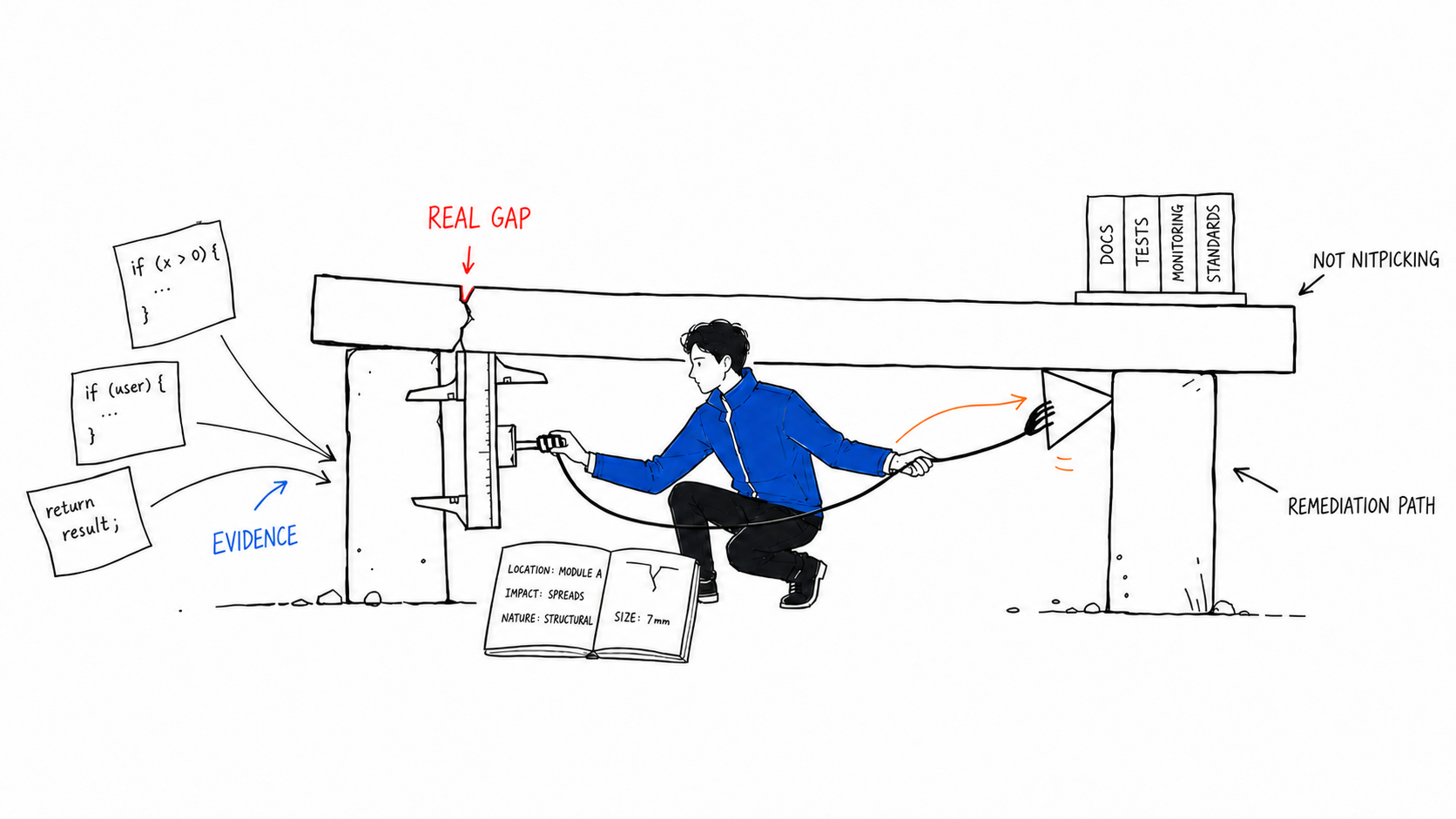 The Qingye builder measures a real gap with code evidence and pulls a remediation wedge into the load-bearing structure