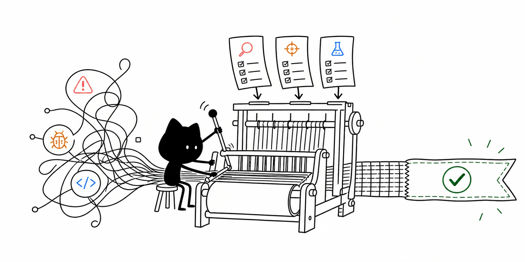 A black cat at a loom weaving tangled risks, defects, and context into a checked result